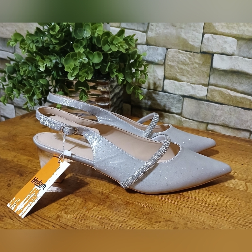 New KKDOM Chunky Closed Pointed Toe Block‎ Heels Strappy Silver Metallic Formal - Picture 4 of 7